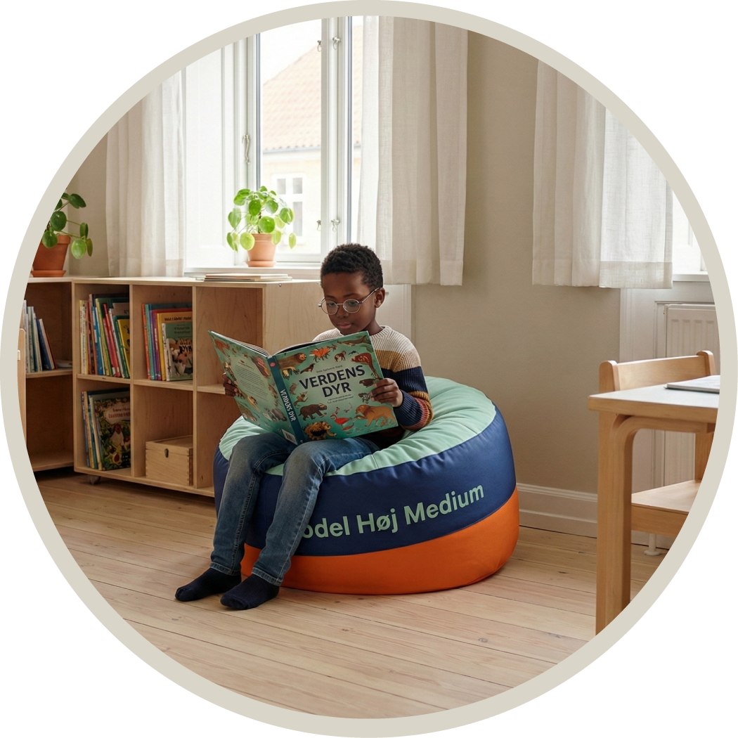 Sækkestol Rund, Sækkestol Messe, Bean Bag med tryk, Fat Boy, sækkestol hjem